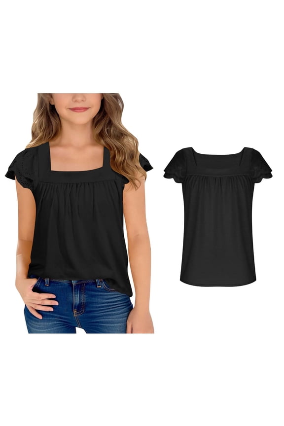 Girl Tops Ruffle Short Sleeve Square Neck Blouse Casual Summer Tops Girls Tops Size 9-10 Years
