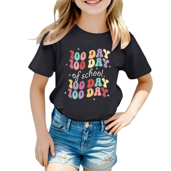 Girl Tops Size 10-12 Trendy Round Neck Short Sleeve Girls 100 Days Of School Shirt Relaxed Fit Tunic Tees Blouses Pullover Tops Black,2-3 Years