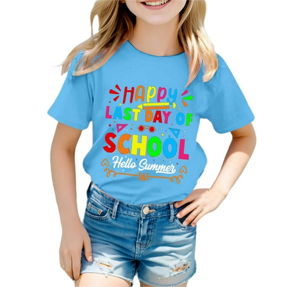 Girl Tops Size 14-16 Last Day of School Graphic Print Short Sleeve Crewneck Cute Preppy Shirts Relaxed Fit T-Shirts Girl's Clothing,A-Sky Blue,140(8-9 Years)