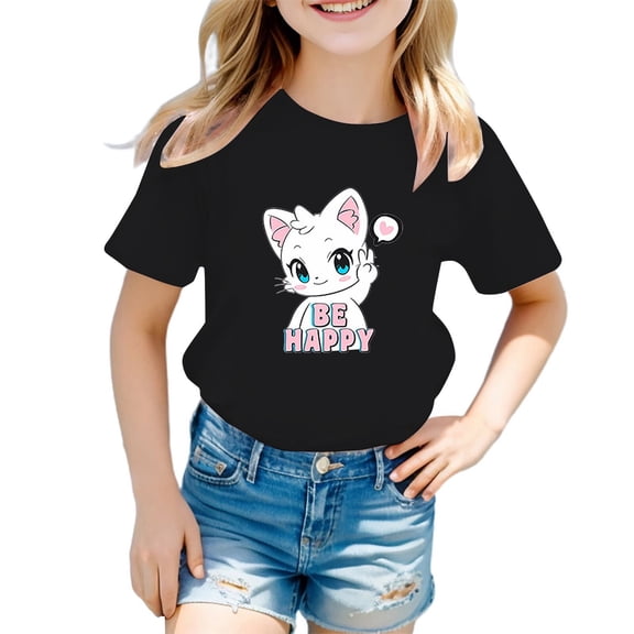 Girl Tops Size 6 Cute Cats Print Short Sleeve Round Neck T Shirts Soft Fit Summer Cute Trendy Tops Back to School Clothes,Black,110(5-6 Years)