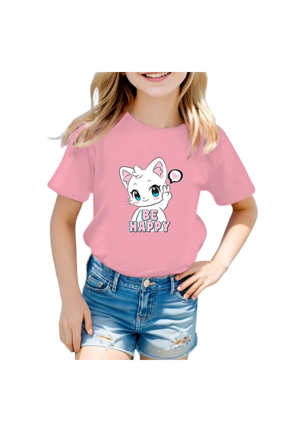 Girl Tops Size 6 Cute Cats Print Short Sleeve Round Neck T Shirts Soft Fit Summer Cute Trendy Tops Back to School Clothes,Pink,130(8-9 Years)
