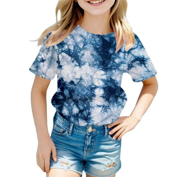 Girl Tops Size 6 Tie Dye Print Short Sleeve Crewneck Graphic T Shirt Lightweight Casual Top Summer Clothes,C-Navy,160(12-13 Years)
