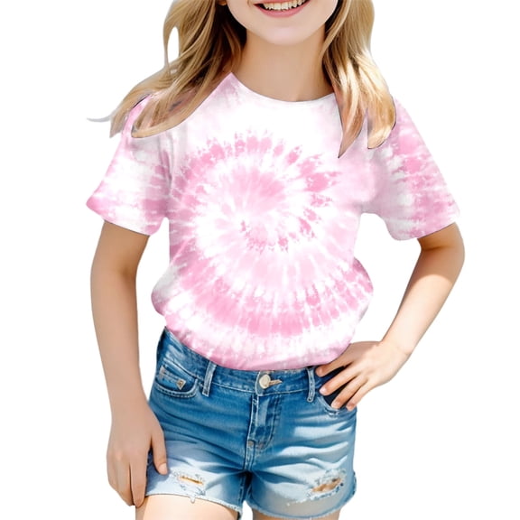 Girl Tops Size 7-8 Tie Dye Graphic Print Short Sleeve Crewneck Kids Tees Soft Cute Tees Toddler Clothes,D-Light Pink,130(6-7 Years)