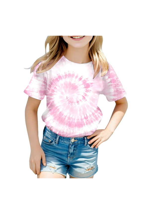 Girl Tops Size 7-8 Tie Dye Graphic Print Short Sleeve Crewneck Kids Tees Soft Cute Tees Toddler Clothes,D-Light Pink,130(6-7 Years)