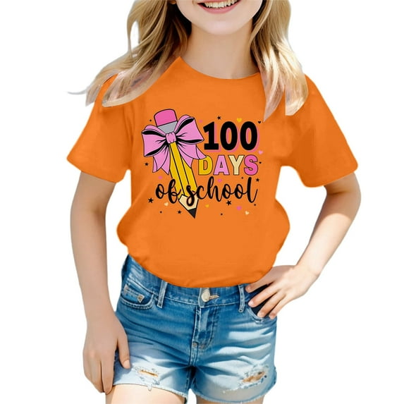 Girl Tops Trendy for School Crew Neck Letter Graphic Print Girls' Short-Sleeve Shirts and Tops Trendy Preppy Clothes Shirts for Teen Kids 4-5 Years(Orange)