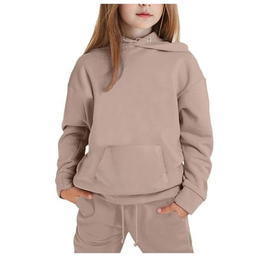 Girl Tracksuit Size 10 Long Sleeve Solid Color Athletic Sweatshirts and Sweatpants with Pockets Sweatsuit Lined Kids Clothes,Beige,3-4 Years