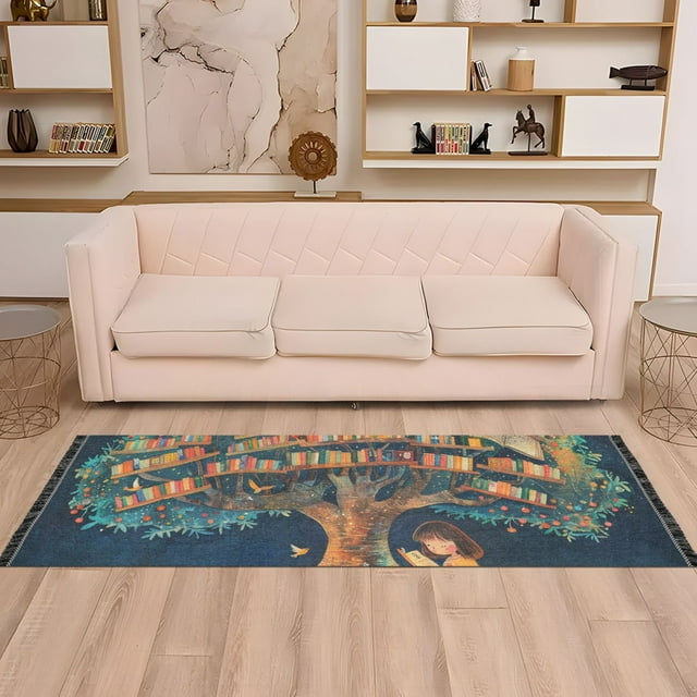 Girl Tree Reading Runner Rug Non-Slip Area Rugs Linen Washable Non Shedding for Kitchen Bedroom Carpet