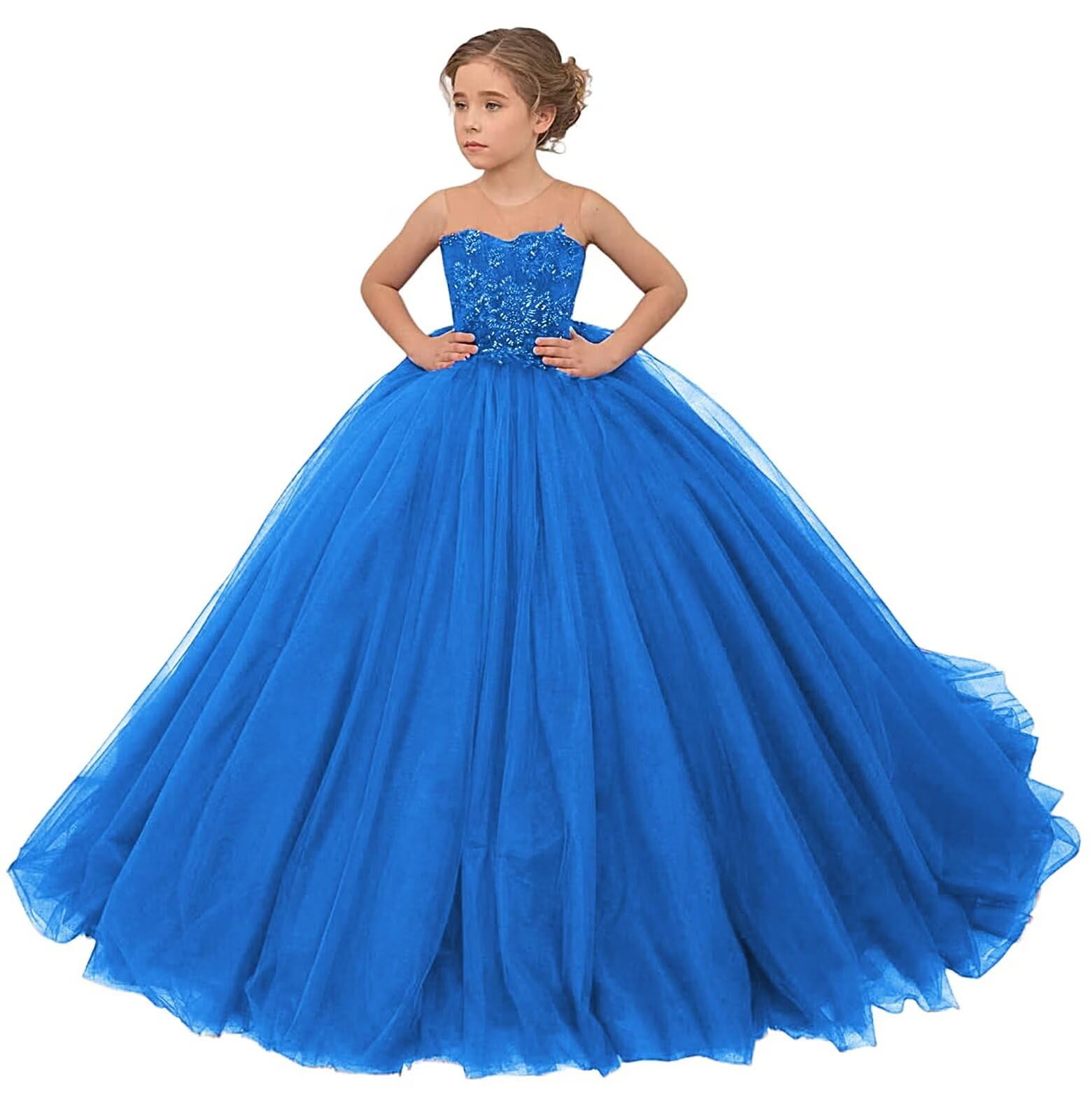 Girl Tulle Flower Dress for Wedding Lace Applique Princess Pageant Dresses Long Girls Party Ball Gow