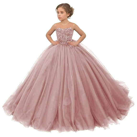 Girl Tulle Flower Dress for Wedding Lace Applique Princess Pageant Dresses Long Girls Party Ball Gow