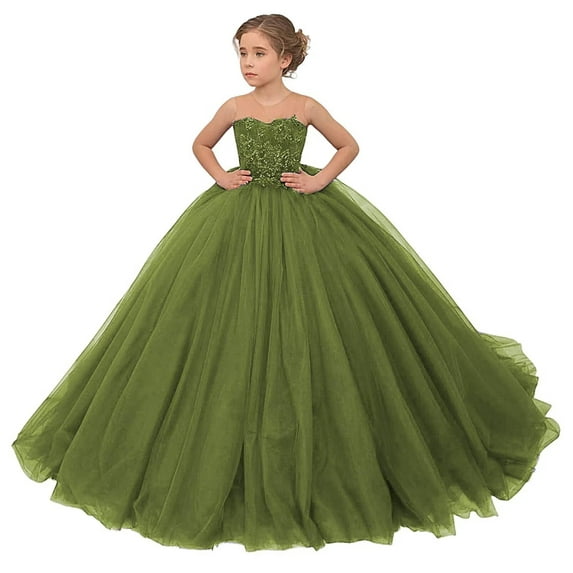 Girl Tulle Flower Dress for Wedding Lace Applique Princess Pageant Dresses Long Girls Party Ball Gow