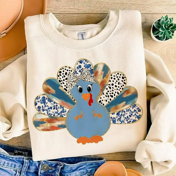 Girl Turkey Bow Sweatshirt, Blue Floral Toile Thanksgiving Shirt, Cute Fall Clip Art Style Sweatshirt, Preppy Turkey Day Outfit, Hand Drawn Holiday Shirt