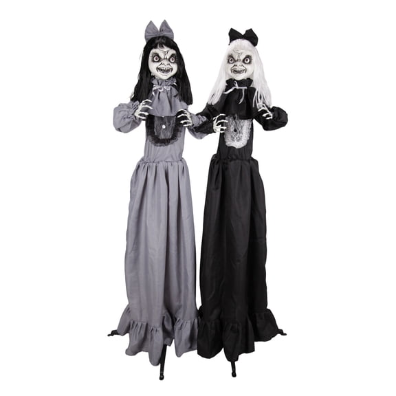 Haunted Hill Farm Red LED Battery-Powered Standing Girl Twins Halloween Animatronic Animated 5-Ft.