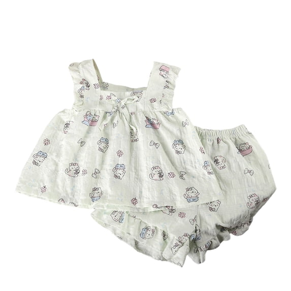 Girl Two Piece Set Summer thin Comfortable And Breathable Suspender Cartoon Floral Printed Shorts Outfit