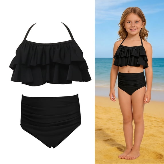 Girl Two Piece Swimsuits Backless Halter Bathing Suits with Chest Pad Girls Bikini Size 7-8 Years