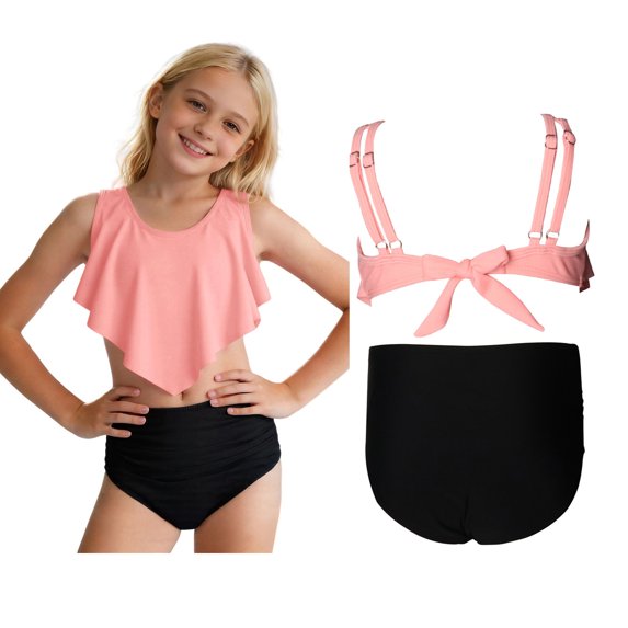 Girl Two Piece Swimsuits Ruffled Swim Suits with Chest Pad Girls Size 10-11 Years Swimsuit