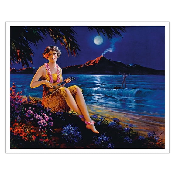 Girl Under a Hawaiian Full Moon Playing a ʻUkulele - Vintage Pin Up Girl Print c.1930s - Fine Art Matte Paper Print (Unframed) 16x20in