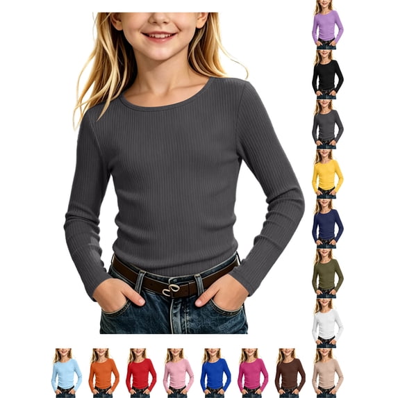 Girl Undershirts Kids Ribbed Long Sleeve Top Crew Neck Stretch Basic Undershirt Dark Gray 5-6Years
