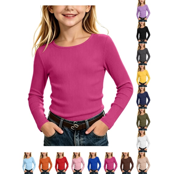 Girl Undershirts Kids Ribbed Long Sleeve Top Crew Neck Stretch Basic Undershirt Hot Pink 7-8Years