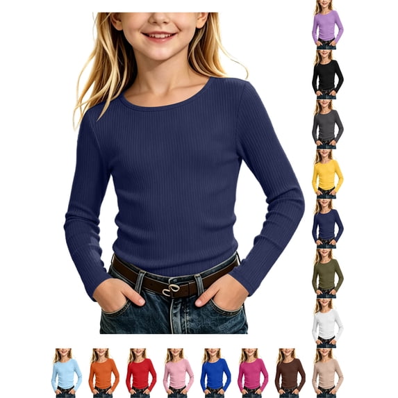 Girl Undershirts Kids Ribbed Long Sleeve Top Crew Neck Stretch Basic Undershirt Navy 7-8Years