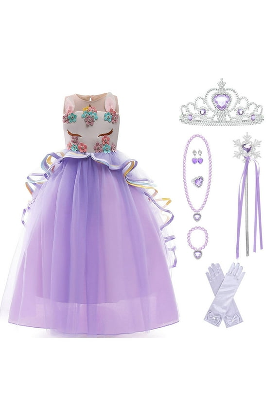 Girls' Unicorn Party Princess Dress Rainbow Tulle Long Wedding Gown Birthday Kids Clothes
