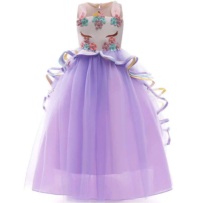 Girls' Unicorn Party Princess Dress Rainbow Tulle Long Wedding Gown Birthday Kids Clothes
