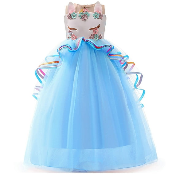 Girls' Unicorn Party Princess Dress Rainbow Tulle Long Wedding Gown Birthday Kids Clothes