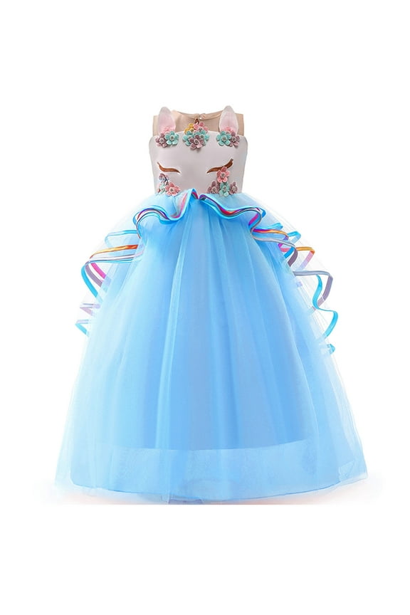 Girls' Unicorn Party Princess Dress Rainbow Tulle Long Wedding Gown Birthday Kids Clothes