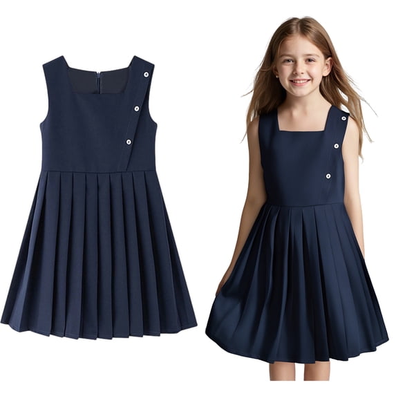 Girl Uniform Dress Knee Length Sleeveless Navy Uniform Jumper Girls School Dress 8-9 Years