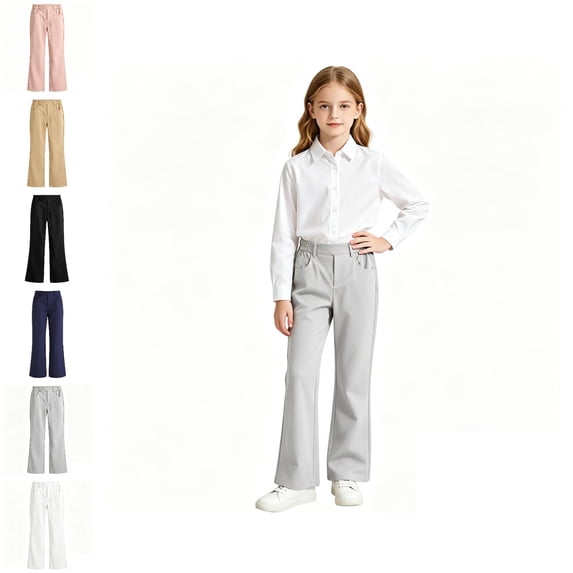 Girl Uniform Pants Dress Pants Elastic Waist Stretch Pants with Pockets Grey Pants for Girls Back To School Clothes 5-6 Years