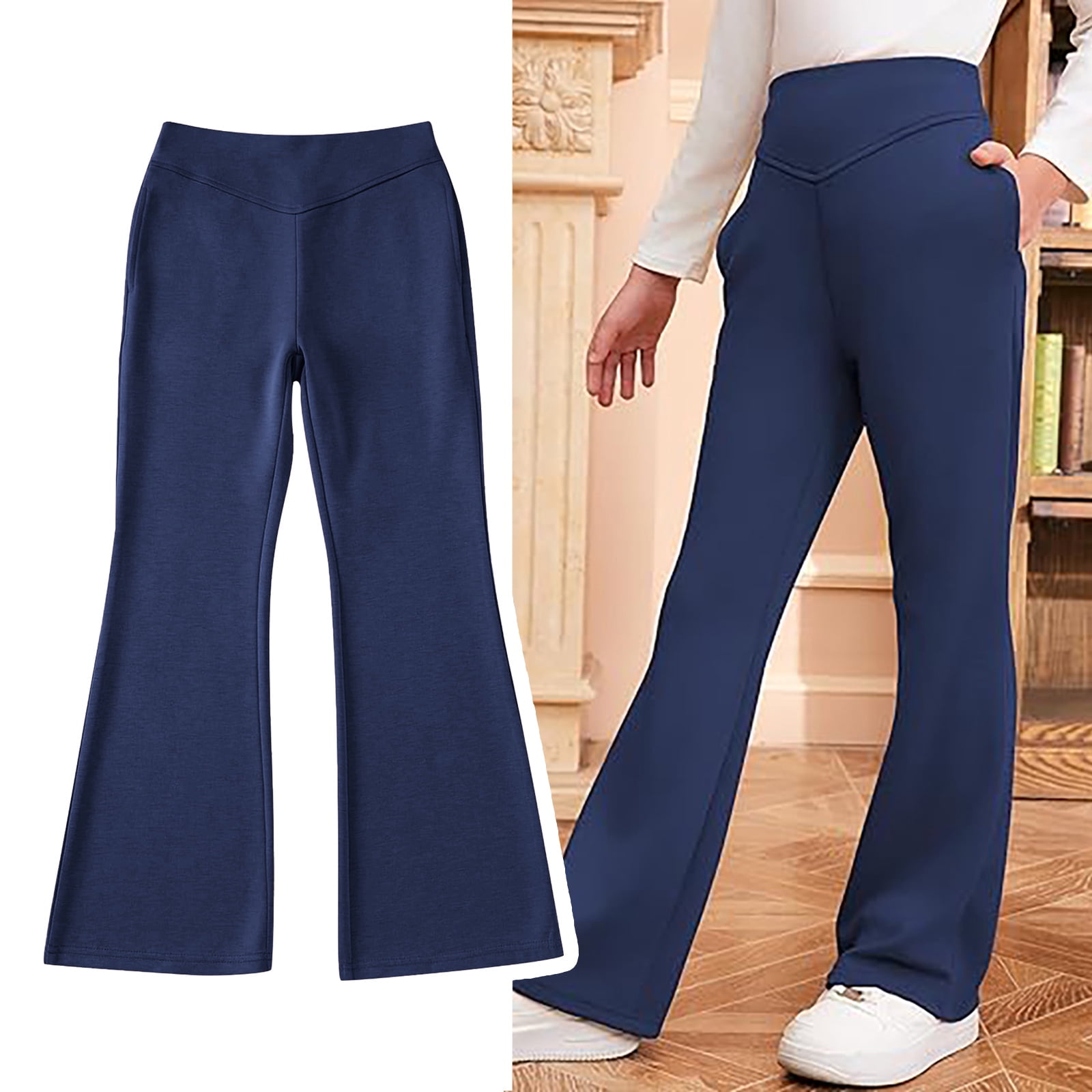 Girl Uniform Pants Fit Kids Dress Pants with Pockets Flare Leg Pants Navy  Blue Pants Back to School Clothes Preppy Clothes 13-14 Years