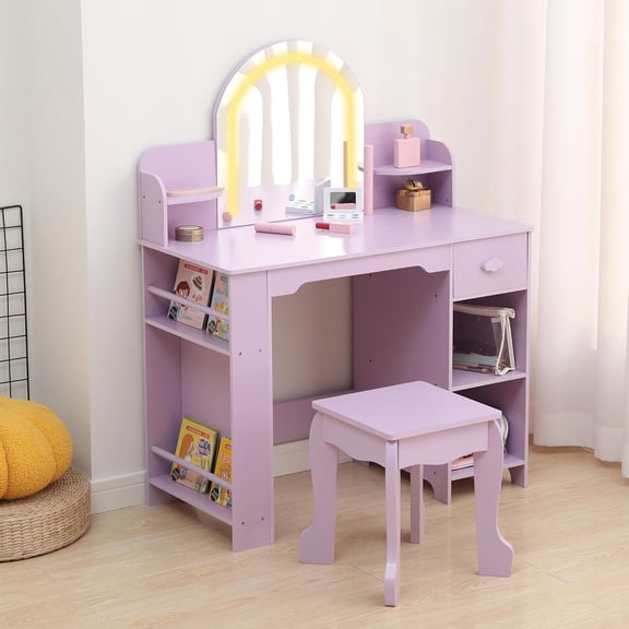 Girl Vanity with Lights,Kid Vanity Table and Chair Set for Princess,Toddler Makeup Vanity Desk with Open Bookshelf,Storage Cabinet&Side Shelves,Purple