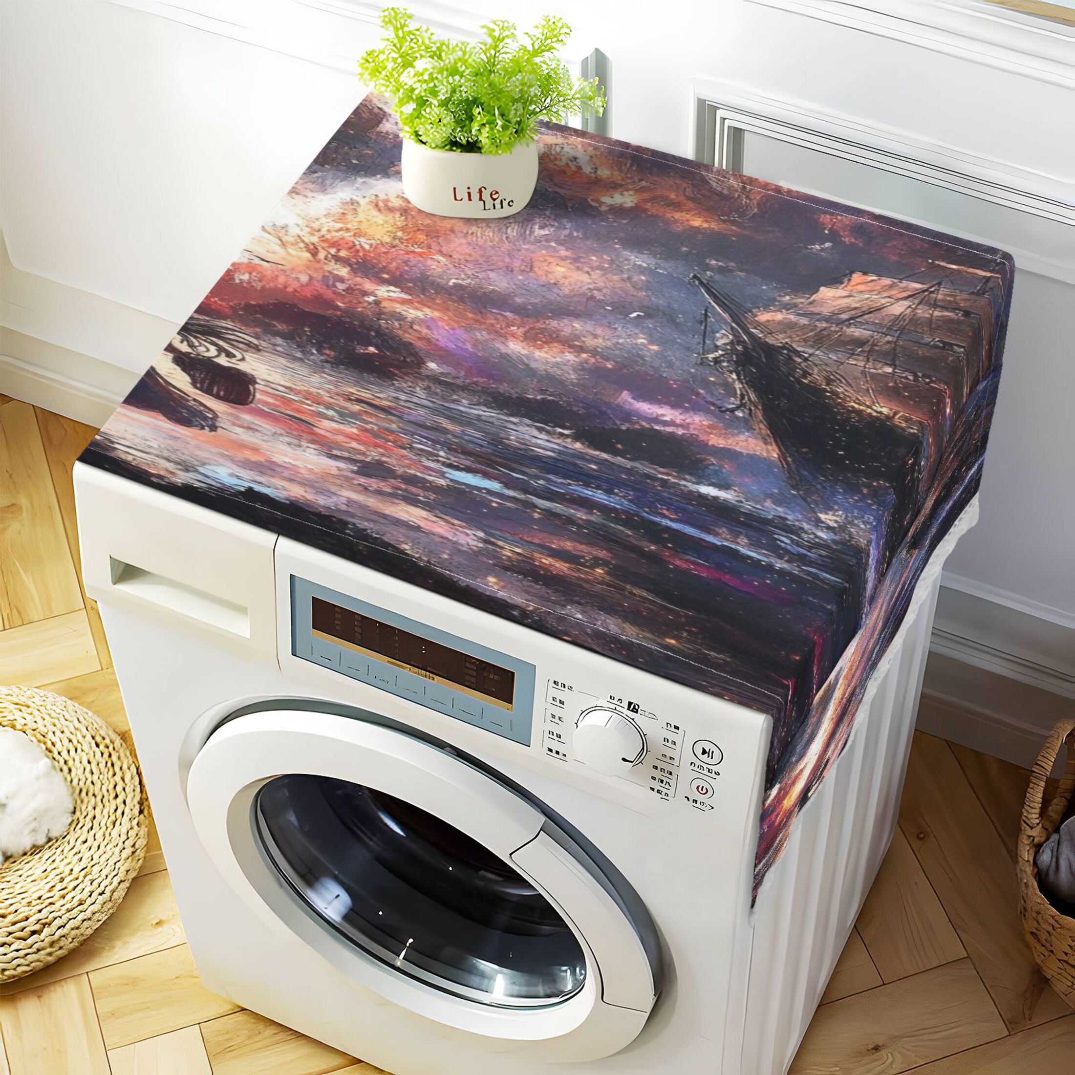 Girl Waiting for The BoatWasher and Dryer Covers Dust-Proof and Oil Resistant Fridge Cover with 4 Storage Pockets Washing Machine Top Cover for Laundry Kitchen Home 51.2 x 22 In