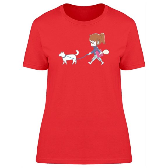 Girl Waling A Dog Cartoon T-Shirt Women -Image by Shutterstock, Female Large