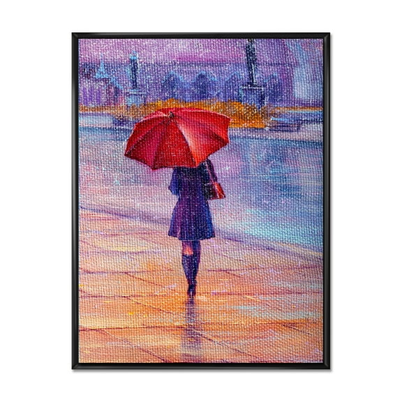 Girl Walking With Red Umbrella Under The Rain 16 in x 32 in Framed Painting Canvas Art Print, by Designart