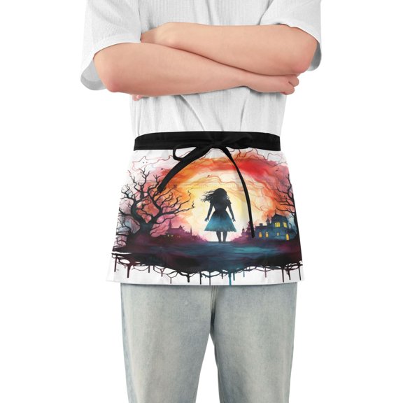 Girl Walks Into Town Server Apron with 3 Pockets Waterproof Waitress Waist Short Apron for Man Woman 12 Inches