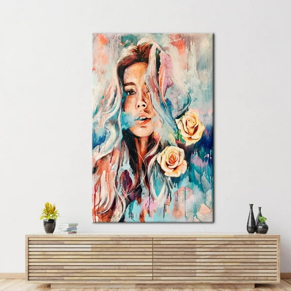 Girl Wall Decor, Woman Art Canvas, Colorful Canvas, Rose Art Canvas, Abstract Wall Decor, Floral Art Canvas, Flower Art Canvas, Canvas Wall Decor - Black Framed