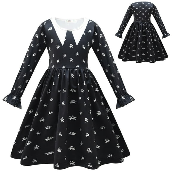 Girl Wednesday Addams Dress Long Sleeve Halloween Party Costume