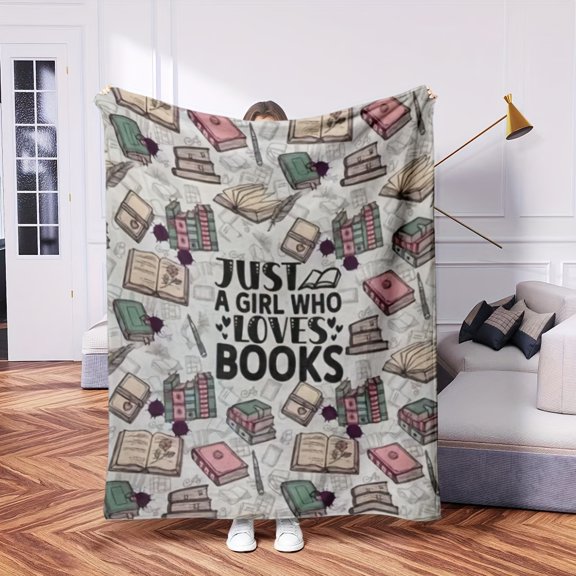 Girl Who Loves Books A Digital Printed Contemporary Flannel Knit Blanket with Girl Who Loves Books Pattern