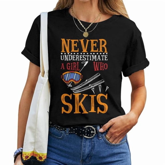Girl Who Skis Skiing Skier Graphic Cotton T-Shirt Women Adult Soft Breathable Tee Casual Wear Comfortable Everyday Outfit, Size 5XL, Color Black