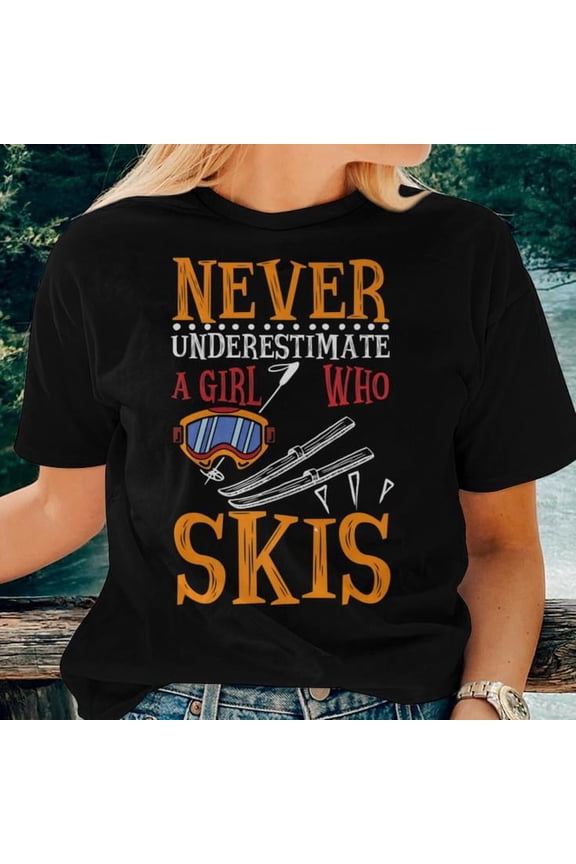 Girl Who Skis Skiing Skier Graphic Cotton T-Shirt Women Adult Soft Breathable Tee Casual Wear Comfortable Everyday Outfit, Size S, Color Black