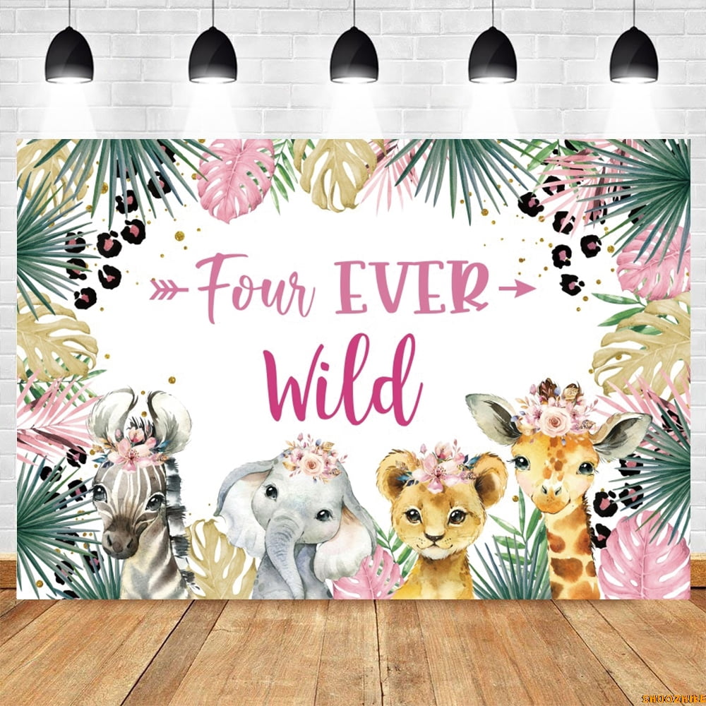 Girl Wild One Jungle Safari Animals Backdrop Tropical Forest Flower ...