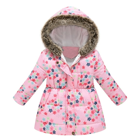 Girl Winter Coat Hooded Puffer Jacket Cute Print Coat Full-Zip Long Sleeve Waterproof Kids Thicken Jacket Girls Winter Coats Size 7-8 Years