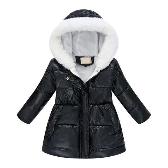 Girl Winter Coat Hooded Puffer Jacket Kids Black Puffer Coat Zipper Long Sleeve Waterproof Girls Thicken Jacket Girls Coats Size 8-9 Years