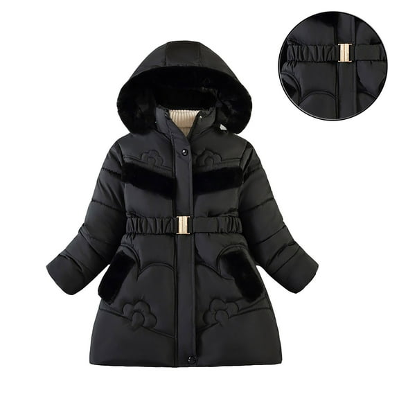 Girl Winter Coat Hooded Puffer Jacket Kids Girls Black Jacket Full-Zip Long Sleeve Waterproof Kids Lightweight Jacket Girls Winter Coats Size 6-7 Years