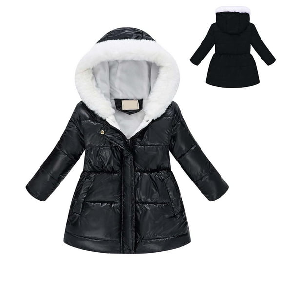 Girl Winter Coat Hooded Puffer Jacket Kids Girls Black Jacket Zipper Long Sleeve Waterproof Girls Lightweight Jacket 6-7 Years Winter Coat Girl