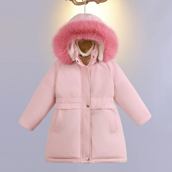 Girl Winter Coat Hooded Puffer Jacket Kids Pink Puffer Jacket Zip up Long Sleeve Thicken Waterproof Jacket Kids Girls Winter Coat Size 6-7 Years