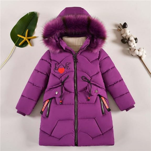 Girl Winter Coat Hooded Puffer Jacket Letter Print Coat Zipper Long Sleeve Waterproof Girls Thicken Jacket Girls Winter Coat Size 8-9 Years