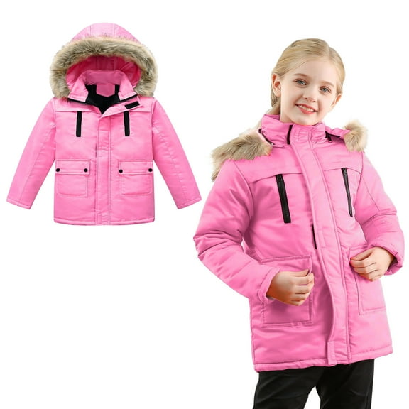 Girl Winter Coat with Hooded Puffer Jacket Girls Pink Jacket Zip up Long Sleeve Waterproof Kids Thicken Jacket Girl Fall Jacket 9-10 Years