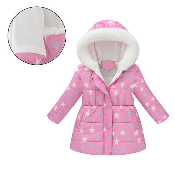 Girl Winter Coat with Hooded Puffer Jacket Kids Girls Star Print Jacket Zip up Long Sleeve Waterproof Kids Lightweight Jacket 4-5 Years Winter Jacket