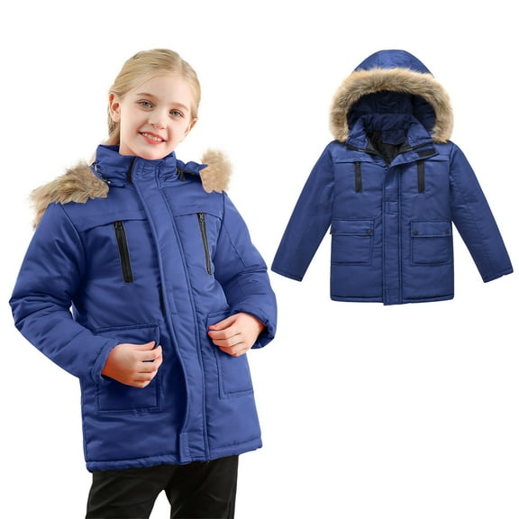 Girl Winter Coat with Hooded Puffer Jacket Kids Navy Jacket Full-Zip Long Sleeve Waterproof Boys Thicken Jacket Boys Winter Coats Size 9-10 Years